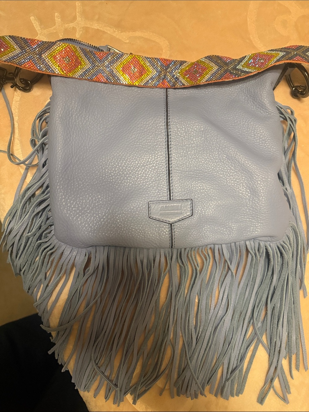 Aimee Kestenberg Light Blue Leather Fringe Crossbody with Beaded Strap